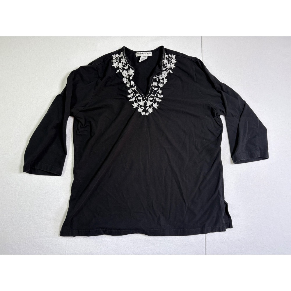 Cathy‎ Daniels Womens Black 3/4 Sleeve Embroidered V-Neck Tunic Top Large